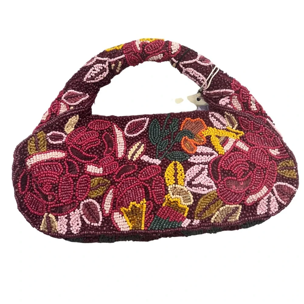 Burgundy Multi Hobo Beaded Floral Garden Bag NWT